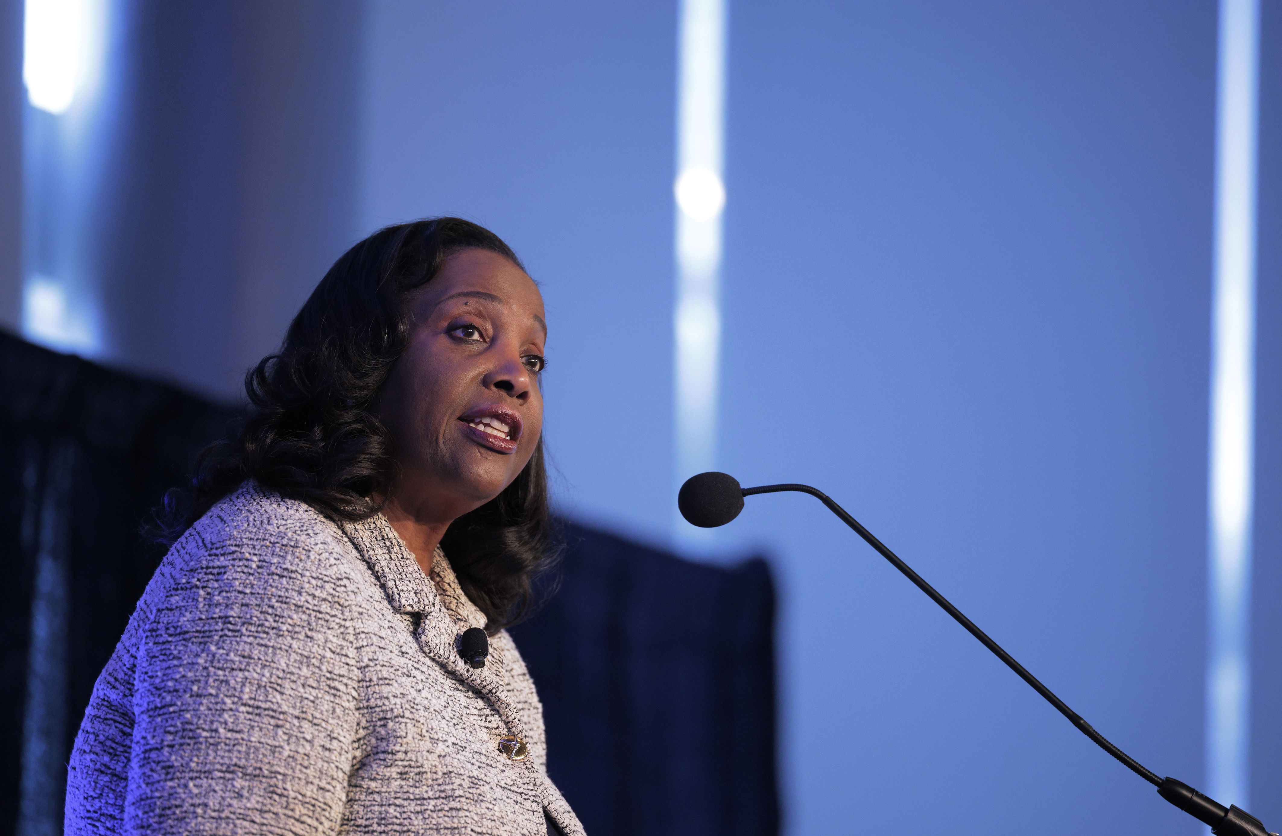 Federal Reserve Governor Lisa Cook delivers remarks during an event organized by the Psaros Center for Financial Markets and Policy at the Georgetown University's McDonough School of Business at the university on November 20, 2025 in Washington, DC. (Photo by Chip Somodevilla/Getty Images)