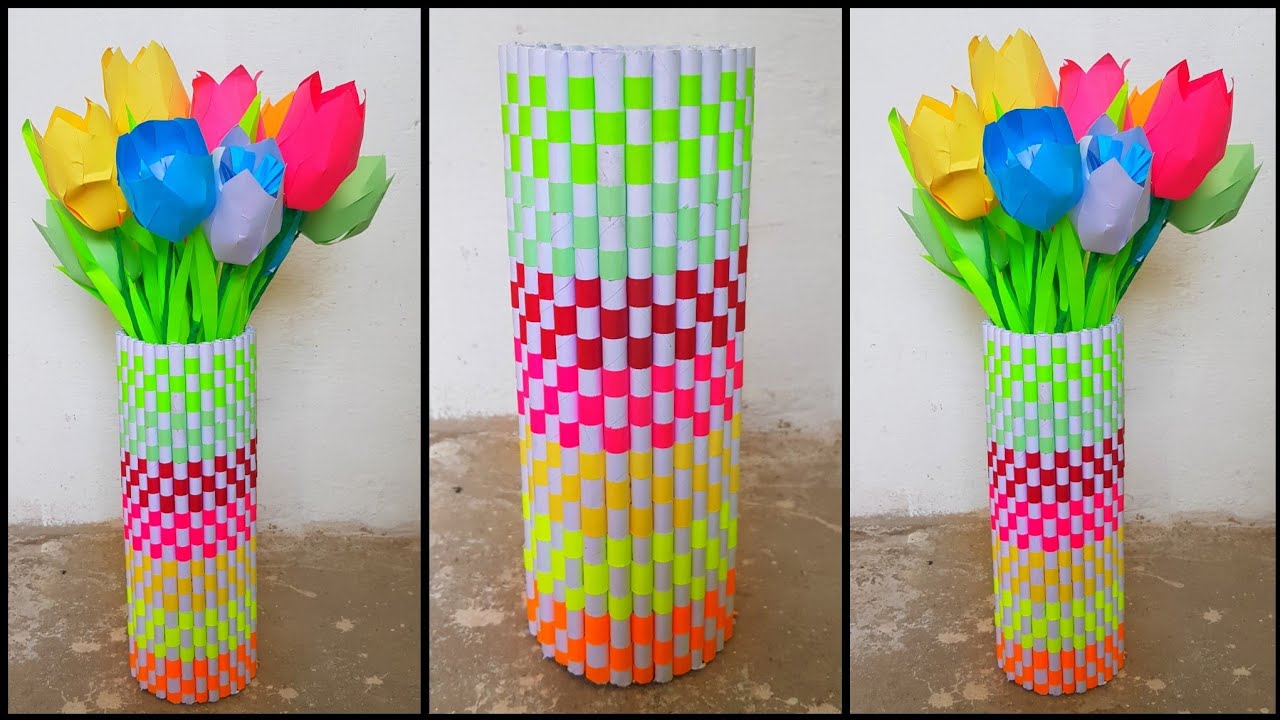 DIY paper flower vase rainbow design