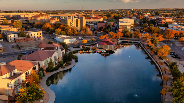 Aerial view of downtown Pueblo, Colorado during sunset