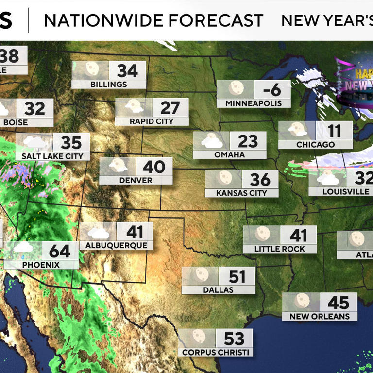 Maps show New Year's weather forecasts, with more snow and rain on the way