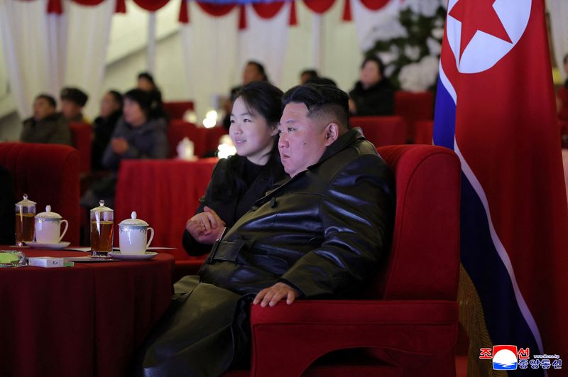 North Korean leader Kim Jong Un and his daughter Kim Ju Ae attend an event to celebrate the New Year, in Pyongyang, North Korea, in this picture released by North Korea's official Korean Central News Agency on January 1, 2026. KCNA via REUTERS