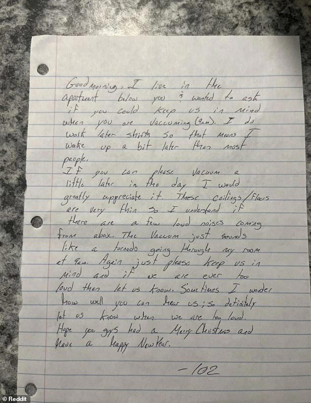 Why neighbour's note about a noise complaint has got everyone talking