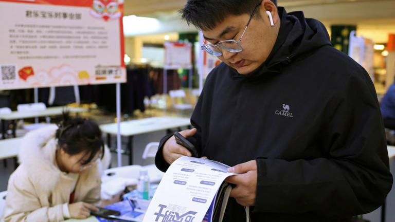 A man checks a job advertisement at a job fair in Hebei province's Shijiazhuang in 2024. - Florence Lo/Reuters