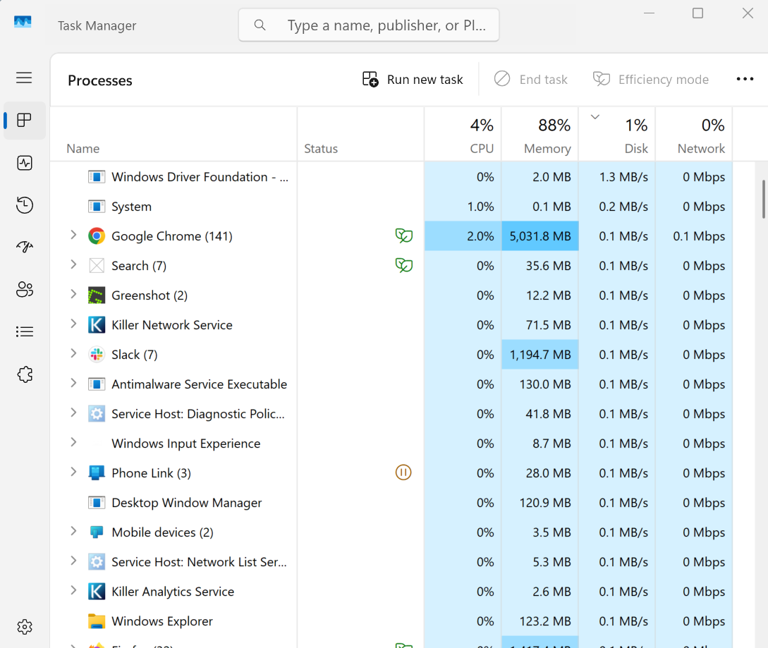 A screenshot of the Windows 11 task manager open to the processes tab.