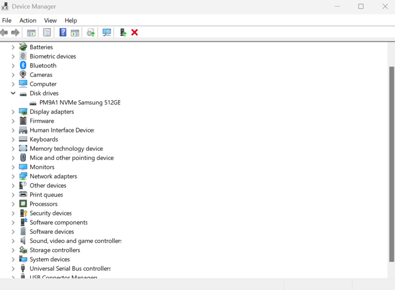A screenshot of Windows 11 task manager. The section on disk drives is expanded.