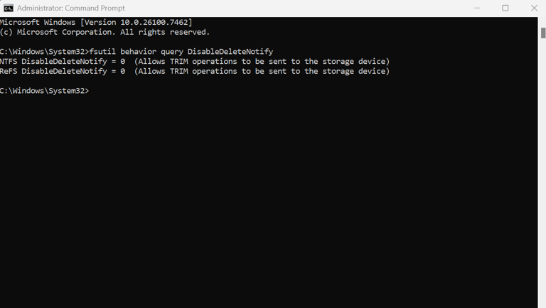 A screenshot of the Windows 11 command prompt dialogue showing that TRIM is enabled.