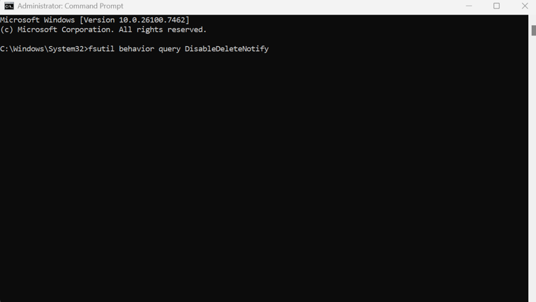 A screenshot of the Windows 11 command prompt dialog with the command fsutil behavior query DisableDeleteNotify  typed into it.
