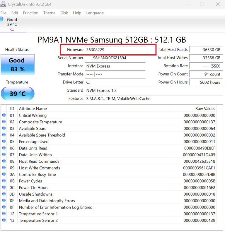 A screenshot of the CrystalDIskInfo, an SSD diagnostic tool, with the Firmware section highlighted in red.