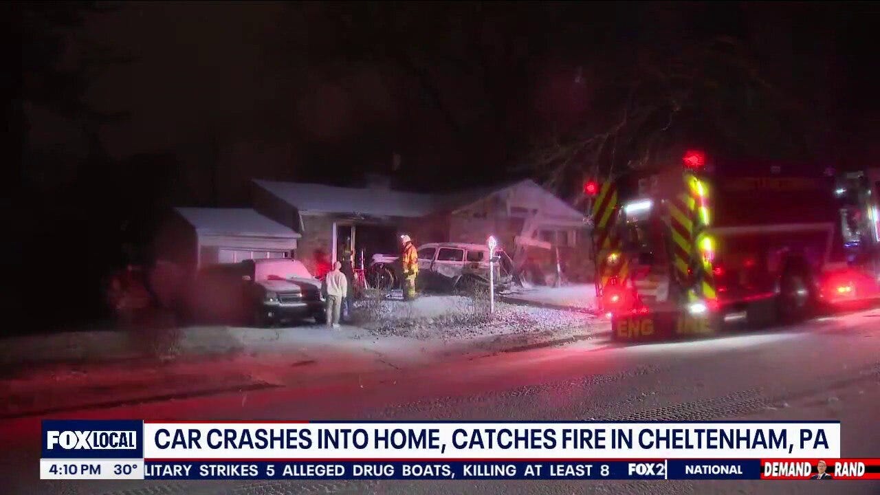 Car crashes into home and catches fire in Cheltenham