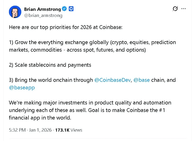 Coinbase targets 'everything exchange' vision for 2026, CEO Brian ...