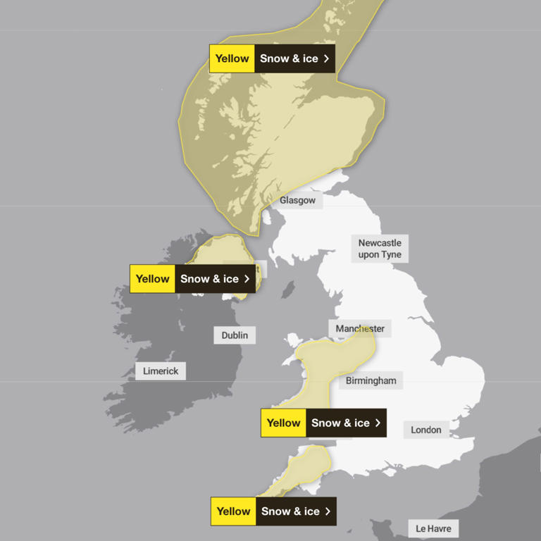 Met Office maps show snow and ice warnings across swathes of UK