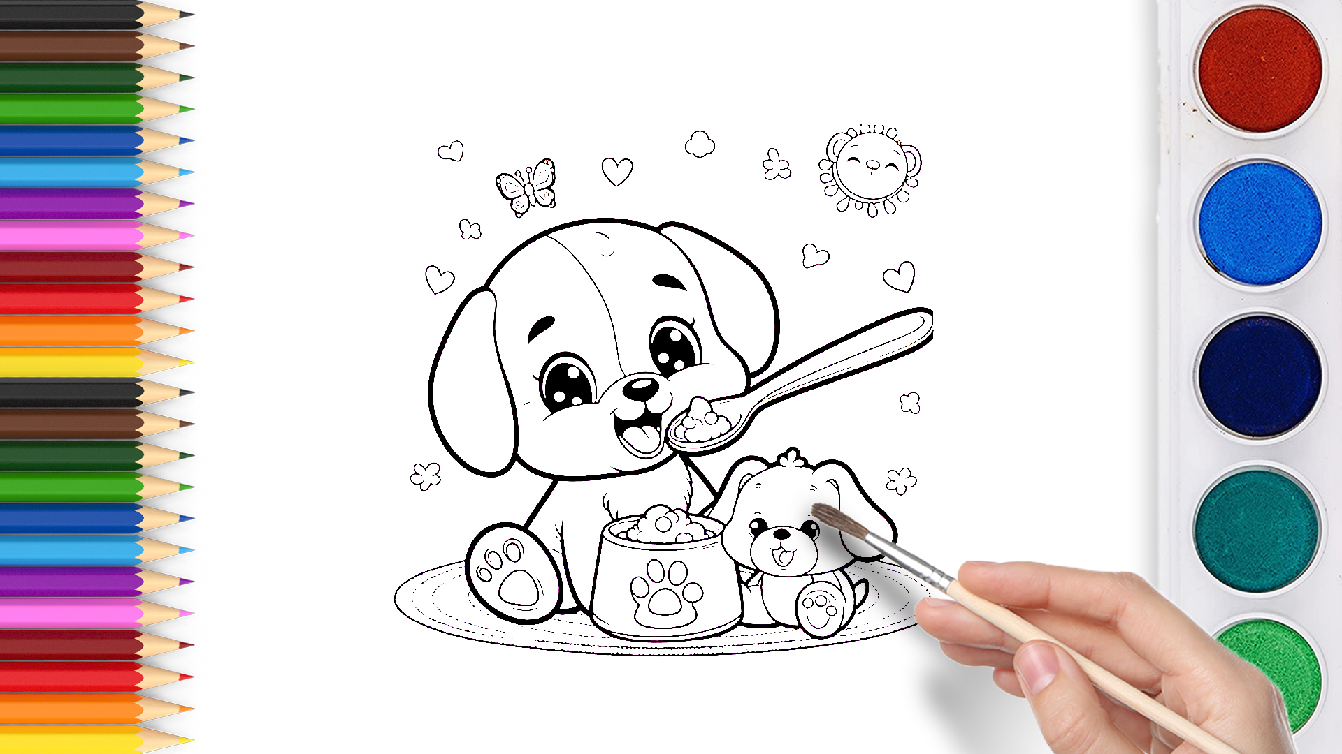 Coloring in a drawing of puppies