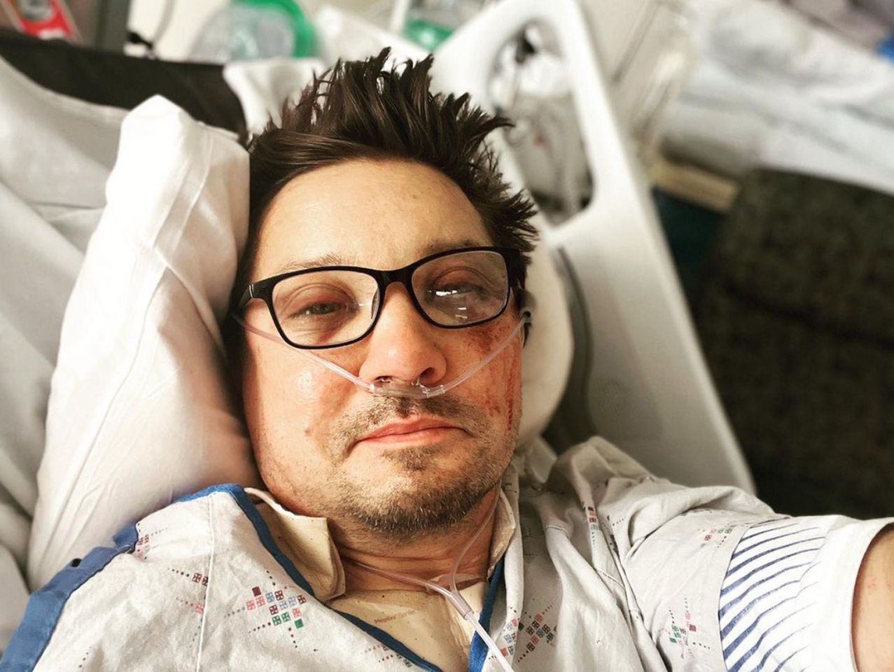 Jeremy Renner/Instagram Jeremy Renner is pictured in hospital after his 2023 accident