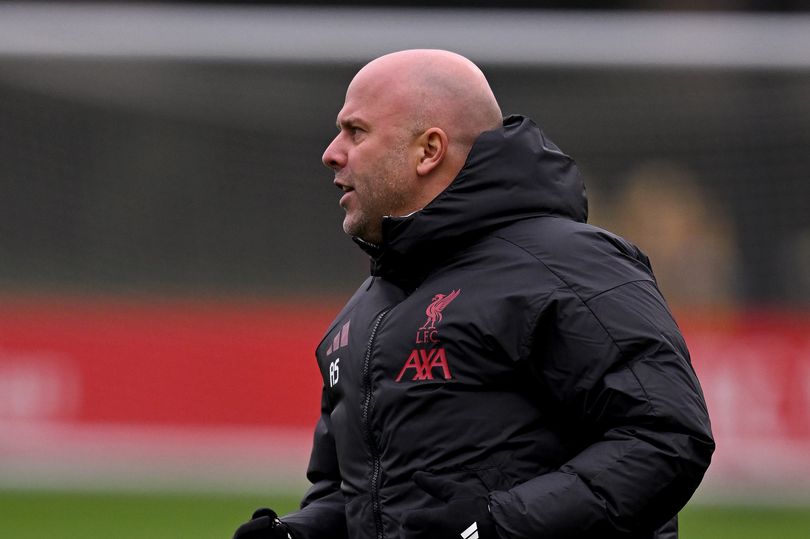 Arne Slot looks on during a Liverpool training session.