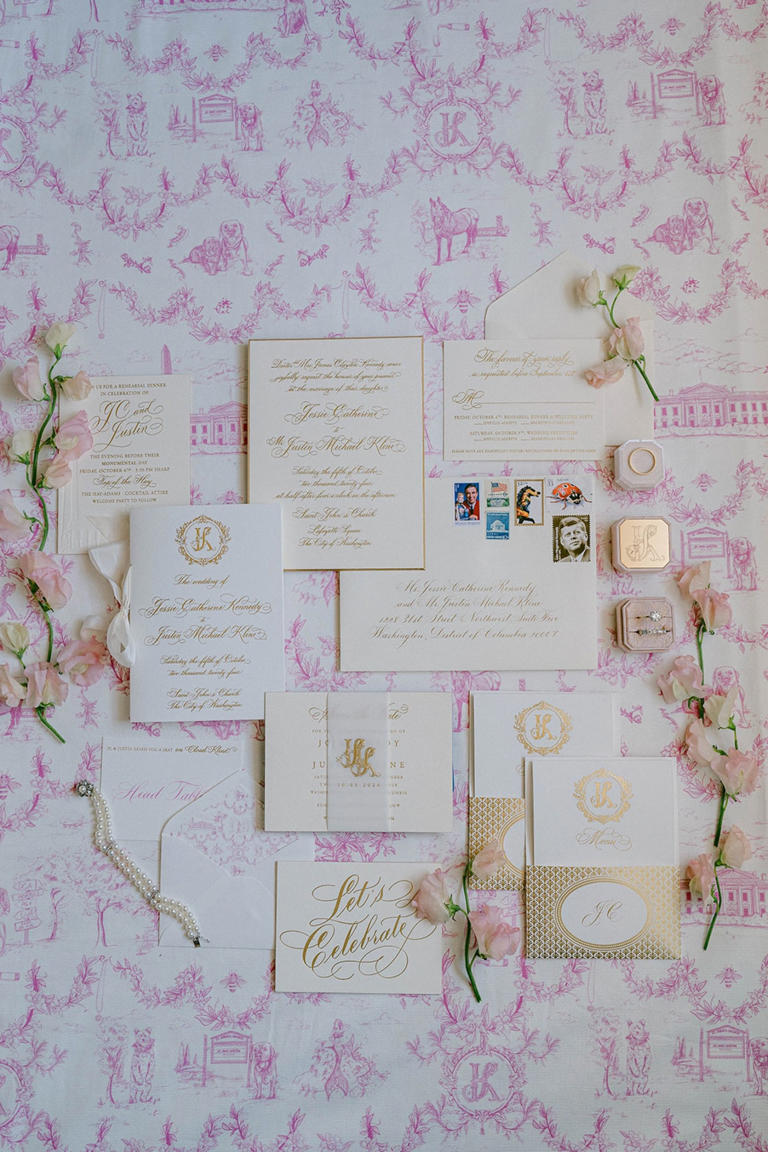 A custom pink toile anchored the design of this chic pink Georgetown wedding, image size:768x1152