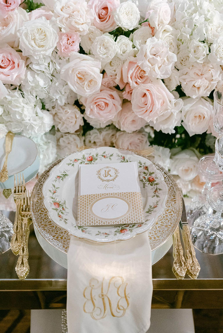 A custom pink toile anchored the design of this chic pink Georgetown wedding, image size:768x1148