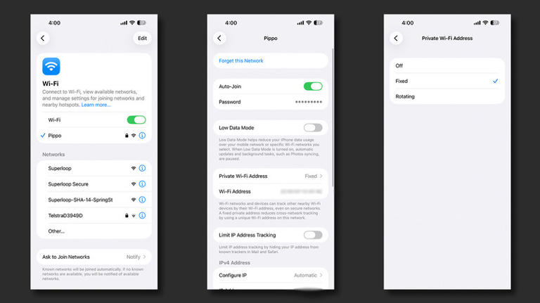 Steps to turn off private network address on iOS