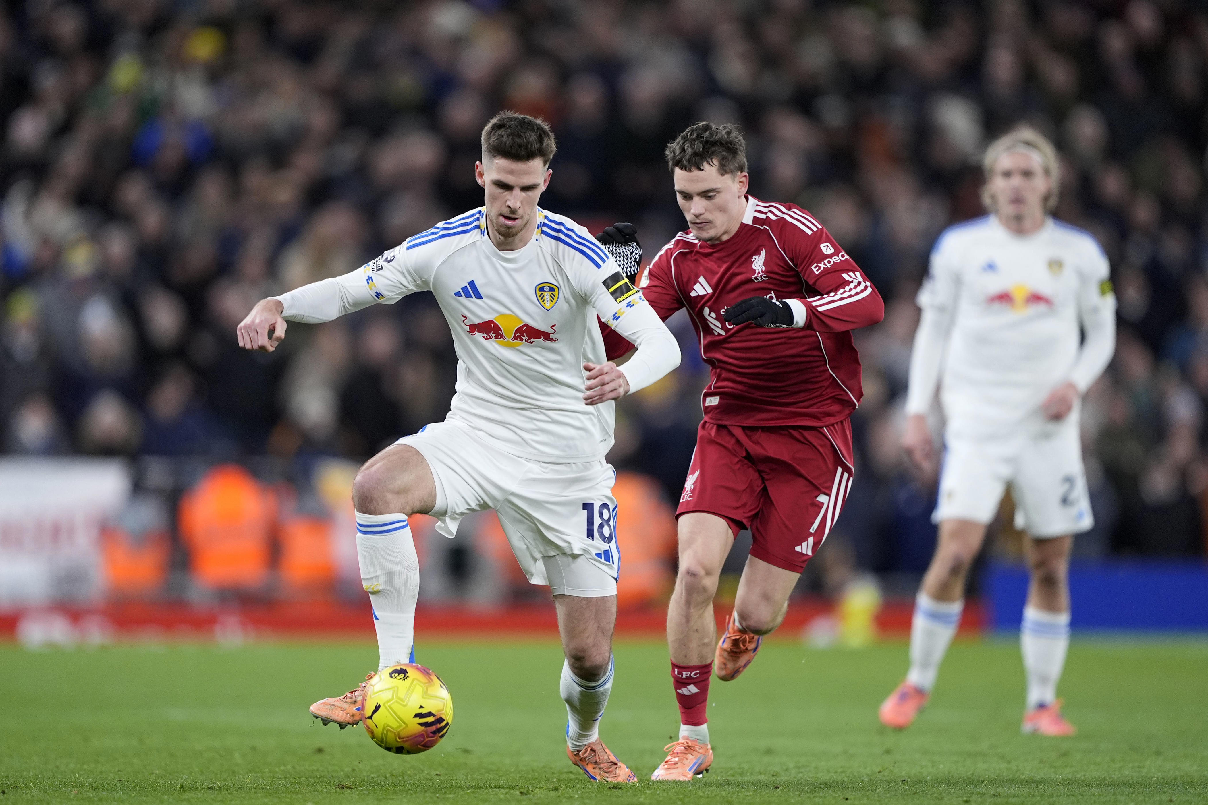 Leeds’ Anton Stach (left) and Liverpool’s Florian Wirtz (right) battle for the ball (Peter Byrne/PA) (PA Wire)