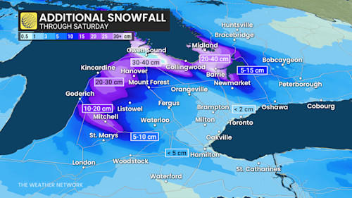 Southern Ontario snow squalls continue, with heavy totals and bitter cold