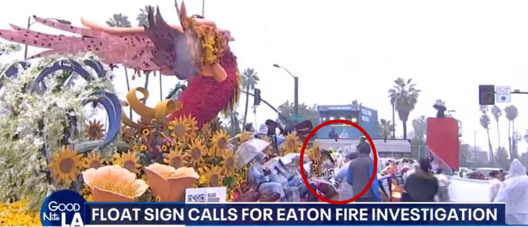 Raincoat-clad bootlicker pulls down Rose Parade sign demanding ...