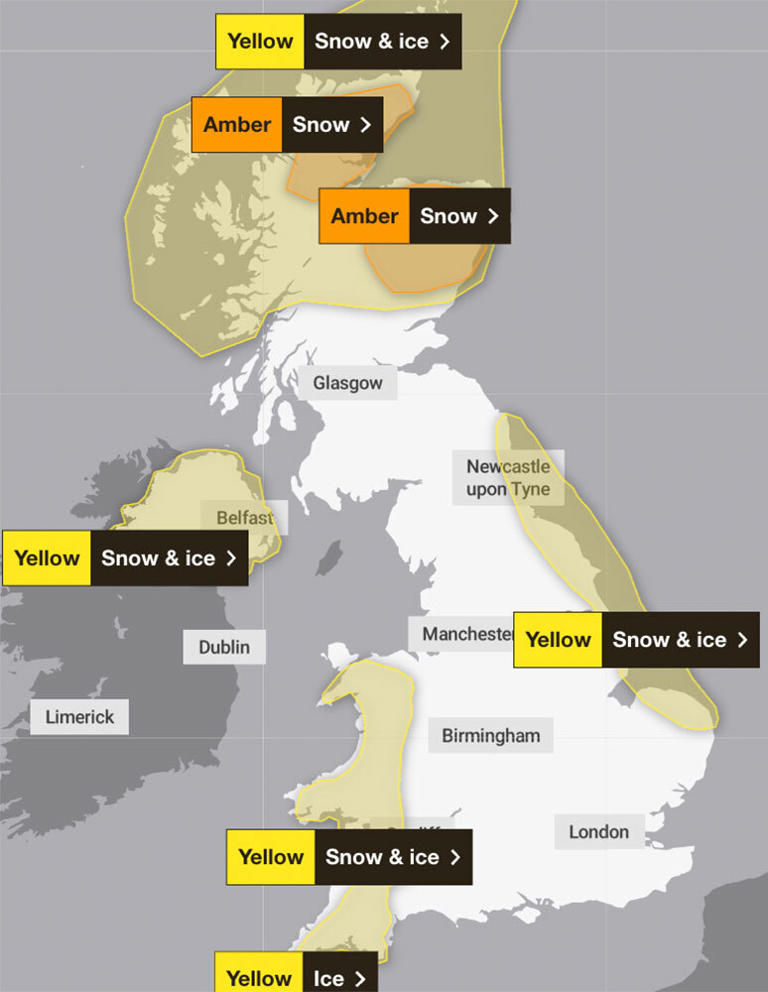 Met Office maps show snow and ice warnings across swathes of UK