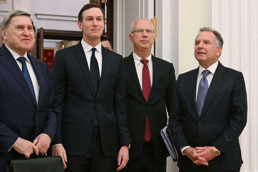 Kirill Dmitriev, second from right, is flanked by U.S. President Donald Trump’s son-in-law Jared Kushner to his left and U.S. special envoy Steve Witkoff to his right, with Russian presidential adviser Yuri Ushakov on the far left, as they arrive for meetings in Moscow on December 2, 2025. (Kristina Kormilitsyna, Sputnik, Kremlin Pool Photo via AP, File)