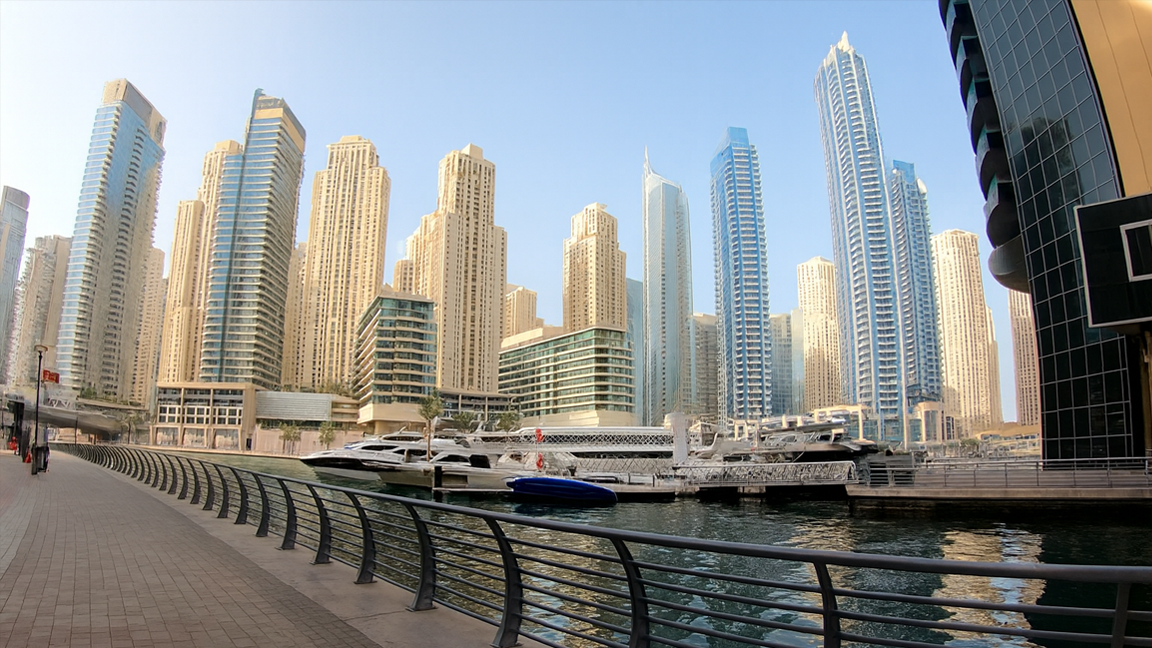 How does Dubai look along the marina waterfront?