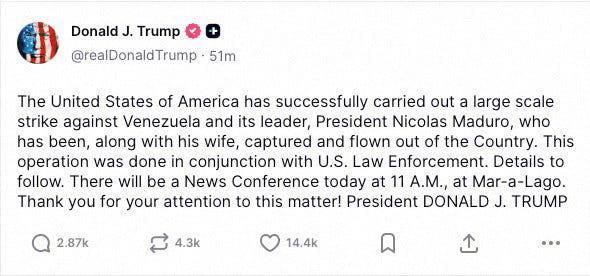 President Donald Trump says U.S. forces captured Venezuelan President Nicolas Maduro and his wife Cilia Flores in a large-scale strike, according to a post on his social media account on Jan. 3, 2026.