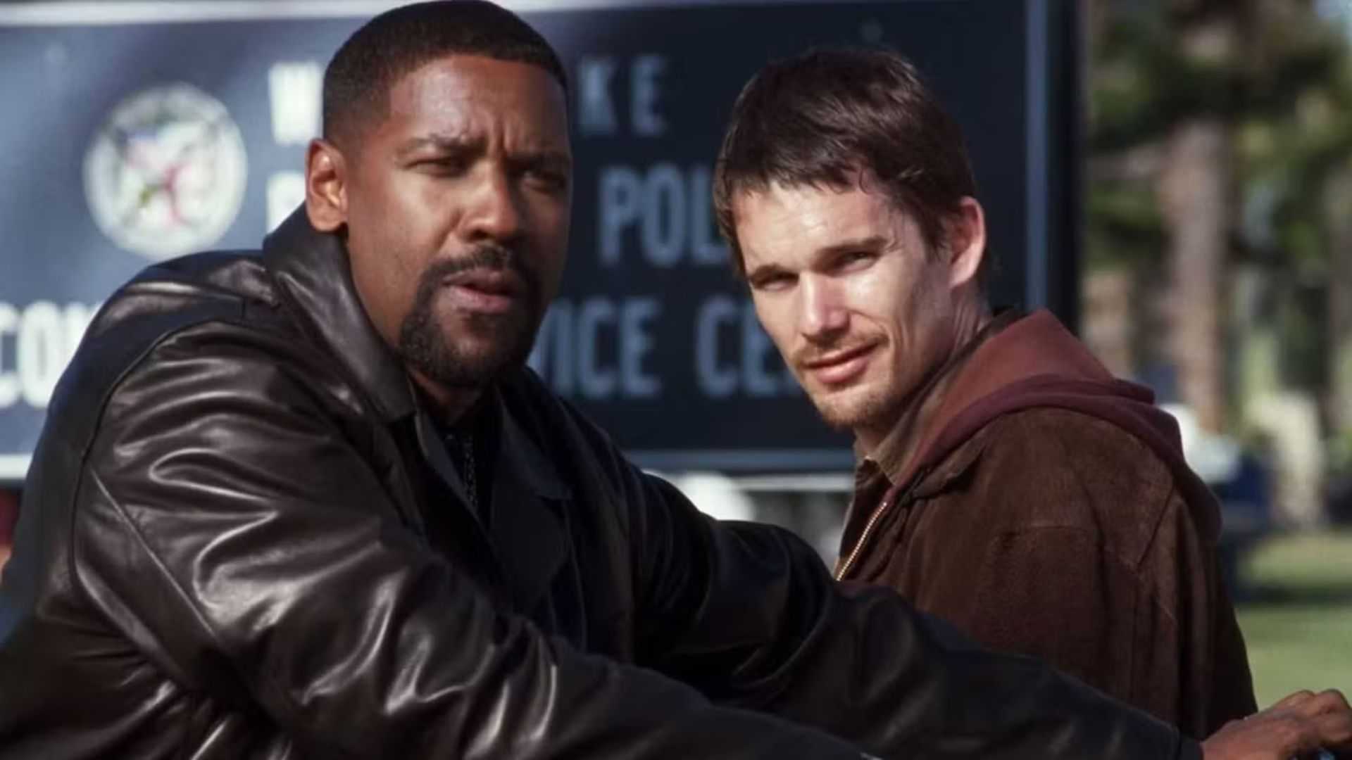 Denzel Washington as Det Alonzo Harris and Ethan Hawke as Officer Jake Hoyt standing outside in Training Day