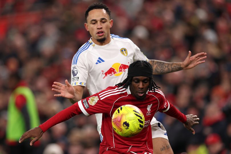 Jeremie Frimpong protects the ball from Noah Okafor during Liverpool's draw with Leeds