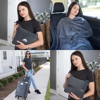 Woman showcases various uses of a versatile accessory bag in four scenarios.