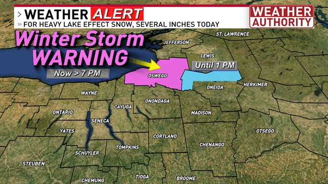 Lake effect snow continues for Oswego County, very cold weekend in CNY