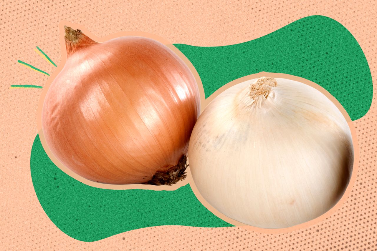 Images of yellow and white onions on a colorful (peach and green) background