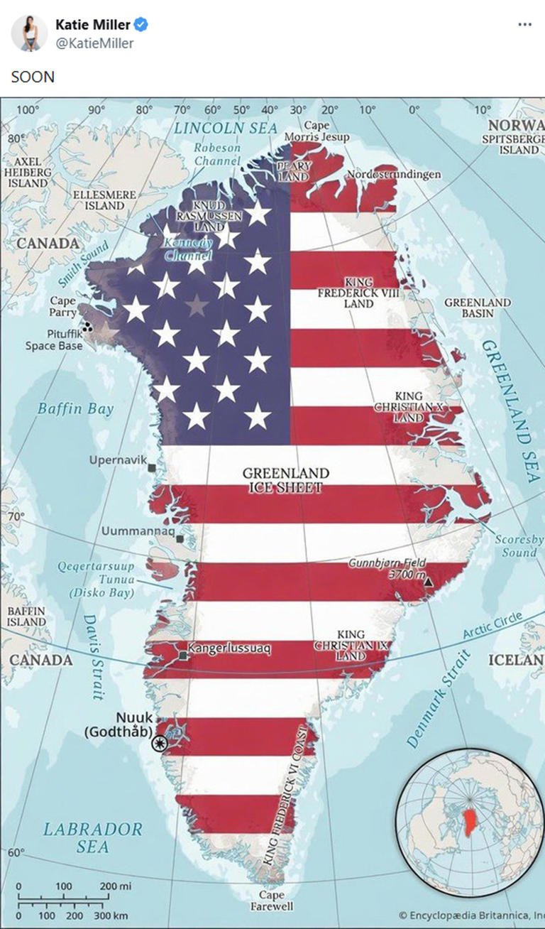 La podcaster statunitense Katie Miller, moglie di Stephen Miller tra i più stretti collaboratori di Donald Trump alla casa Bianca, dopo l'operazione Usa in Venezuela ha pubblicato un'immagine della Groenlandia coperta dalla bandiera degli Stati Uniti sul suo profilo X, con il commento: "Presto la Groenlandia!", 4 gennaio 2026. X KATIE MILLER +++ ATTENZIONE LA FOTO NON PUO' ESSERE PUBBLICATA O RIPRODOTTA SENZA L'AUTORIZZAZIONE DELLA FONTE DI ORIGINE CUI SI RINVIA+++ NPK +++
