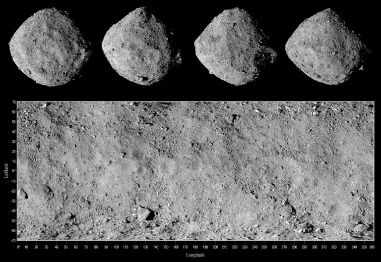 Estas imagens, captadas pela câmara PolyCam da sonda espacial OSIRIS-REx em 2018, mostram quatro vistas do asteróide Bennu, juntamente com um mosaico global. (NASA/Goddard/Universidade do Arizona)