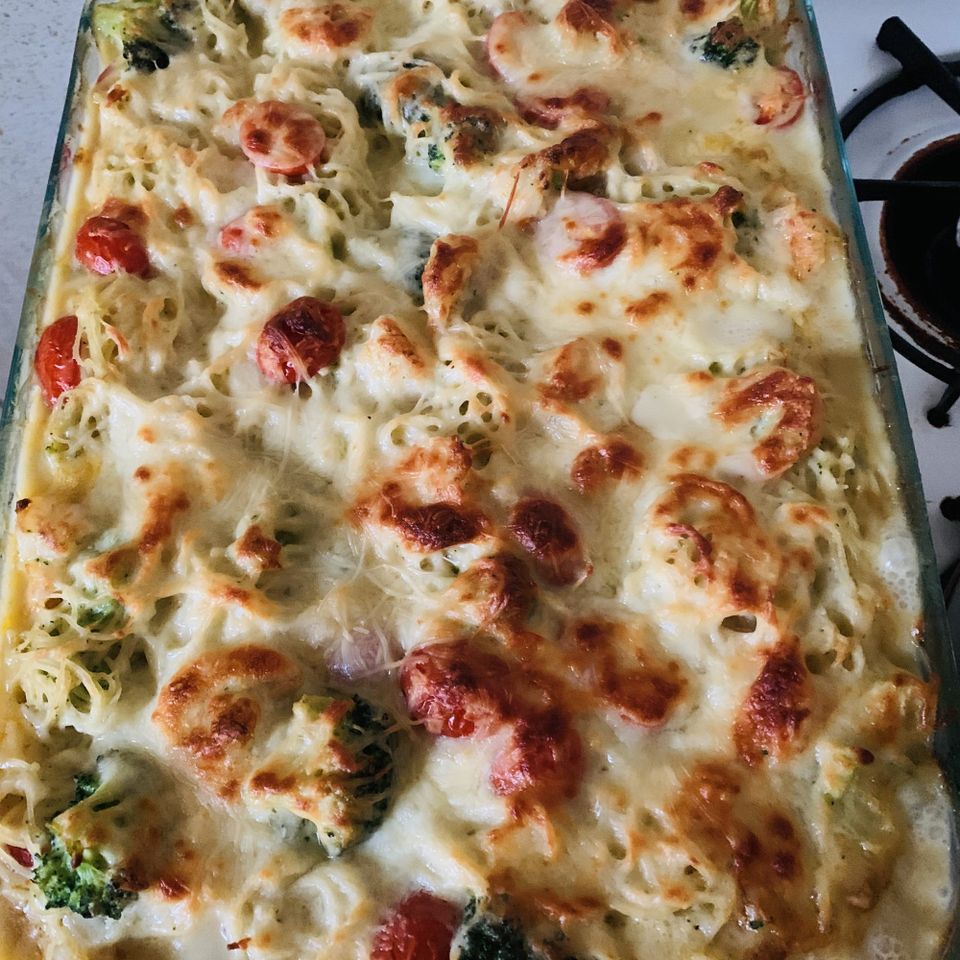 overhead shot seafood broccoli casserole