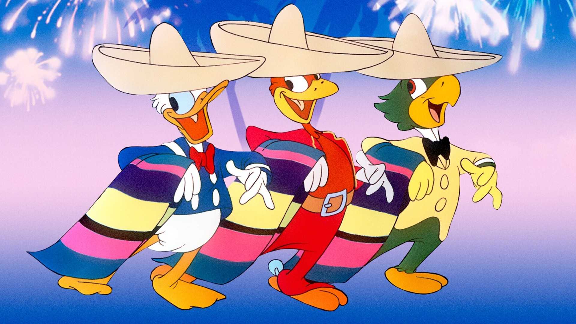 Donald, Jose, and Panchito dance in traditional Mexican garb in The Three Caballeros