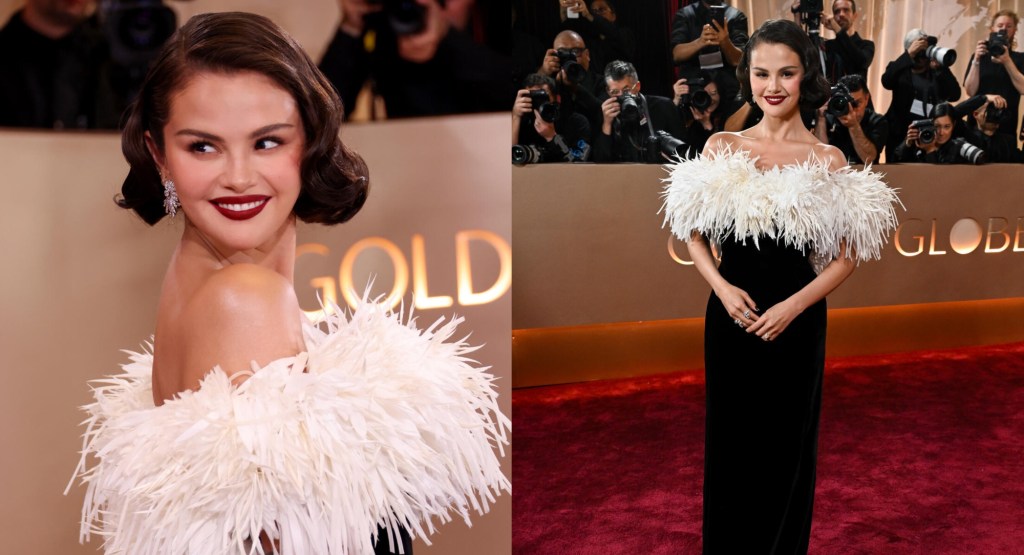 green emerald velvet dress Selena Gomez Grape Velvet 2023 Golden Globes Awards Dress main image 1