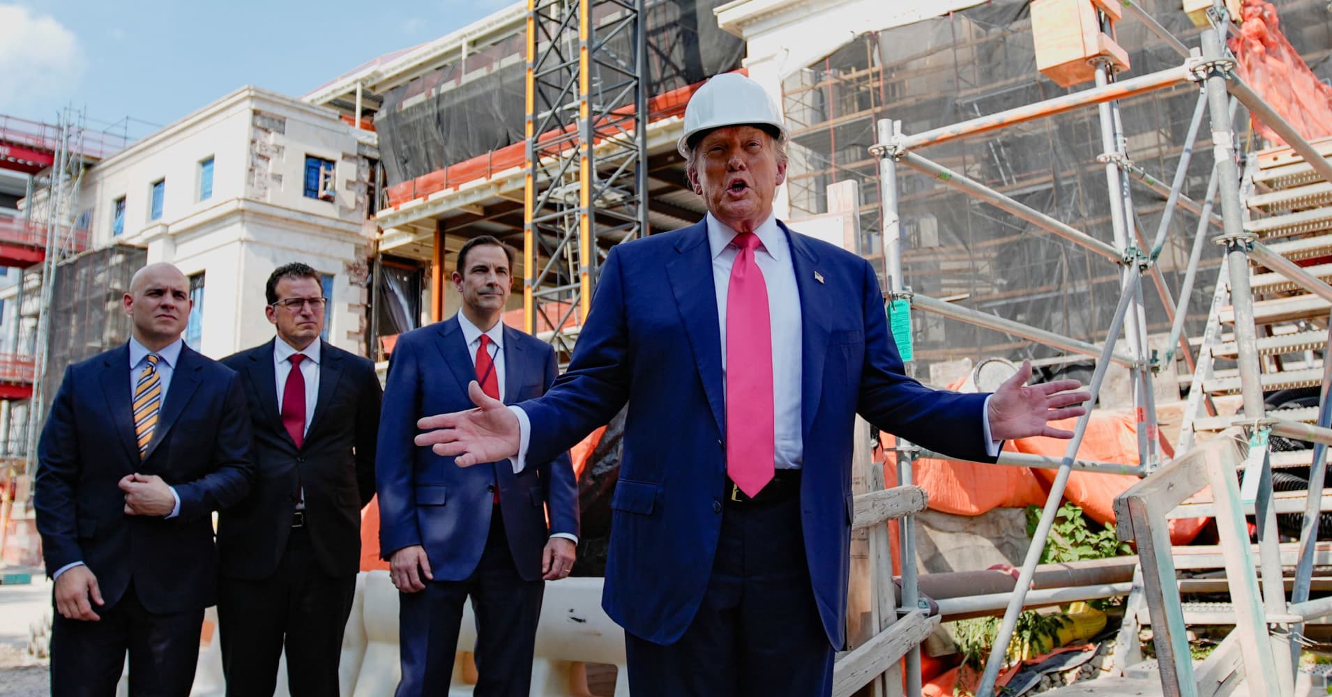 U.S. President Donald Trump speaks to the media during a tour of the Federal Reserve Board building, which is currently undergoing renovations, in Washington, D.C., U.S., July 24, 2025. 