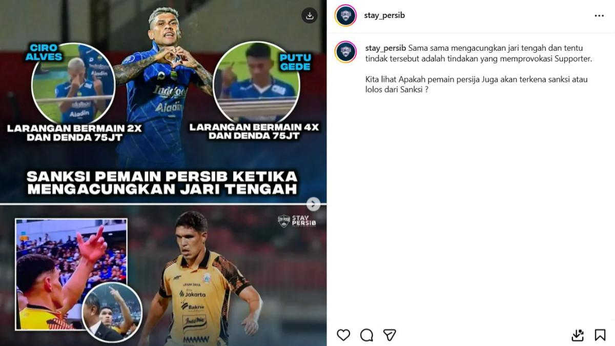 Suporter Persib sorot aksi pemain Persija acungkan jari tengah, ungkit Ciro Alves dan Putu Gede