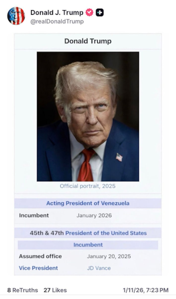 Em montagem que lembra layout da Wikipedia, Trump aparece como ‘presidente interino’ da Venezuela Foto: Reprodução: TruthSocial
