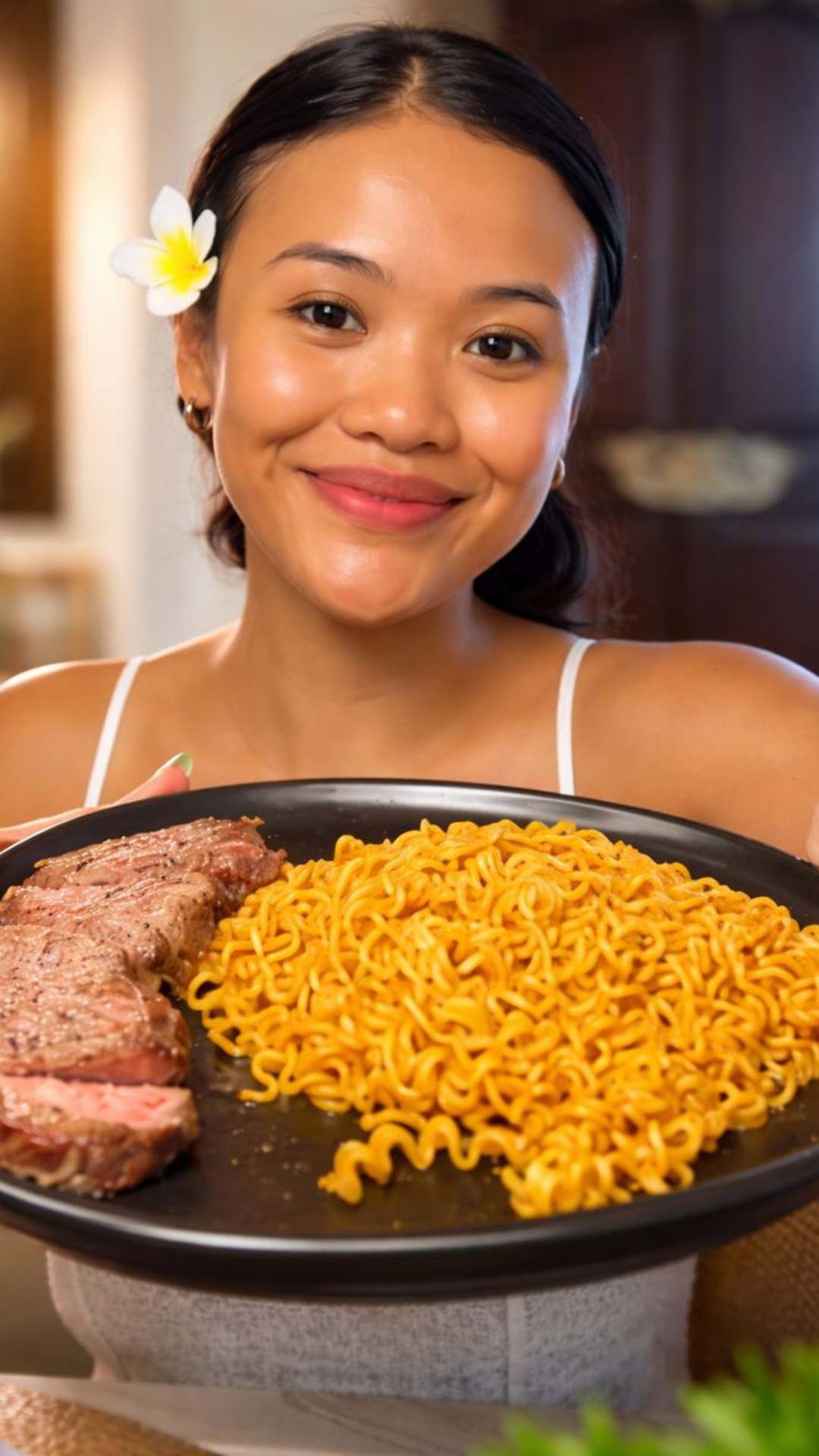 The ultimate fusion: beef steak and Indomie rendang for lunch