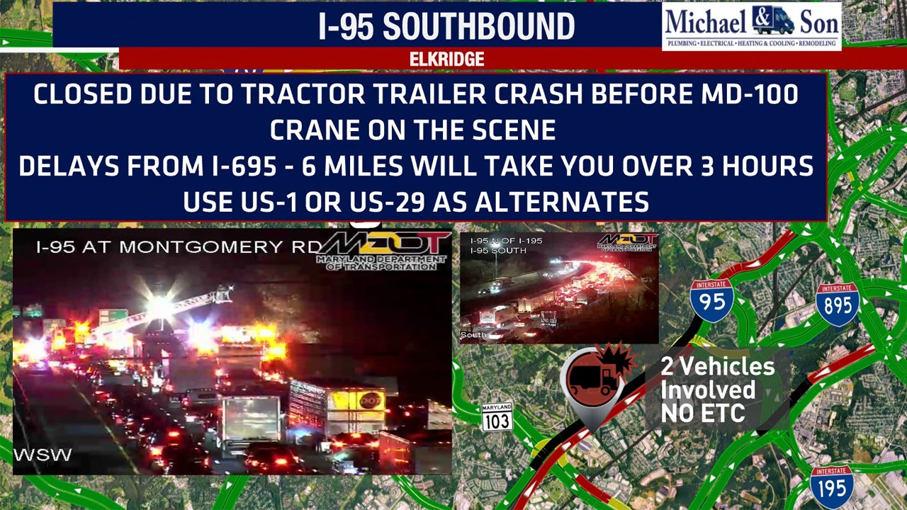1 dead after dump truck, tractor-trailer collide on I-95 in Maryland