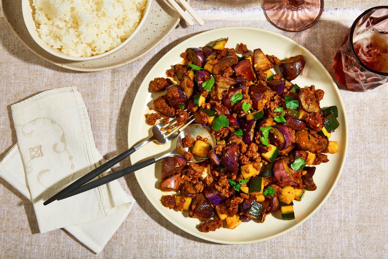 Eggplant and Chili Garlic Stir-Fry with Plant-Based Meat