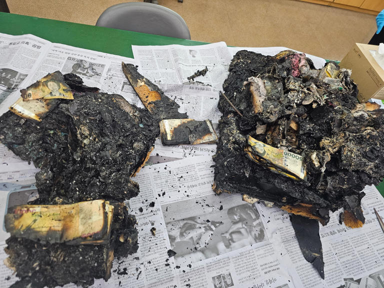 Деньги сгорели в пожаре. Если остаётся более трёх четвертей, её можно обменять на полную сумму; если остаётся более двух пятых, но менее трёх четвертей, её можно обменять на половину этой суммы. /Банк Кореи