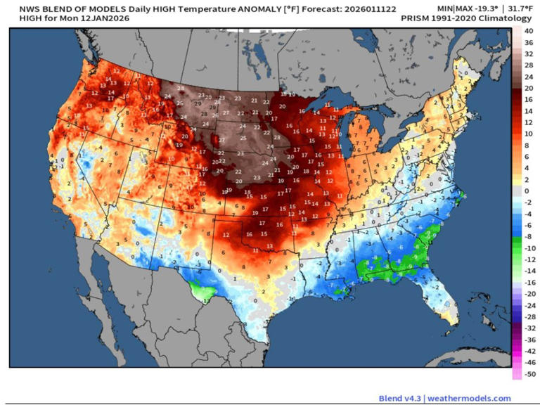 Monday was ninth consecutive day with temperatures above normal