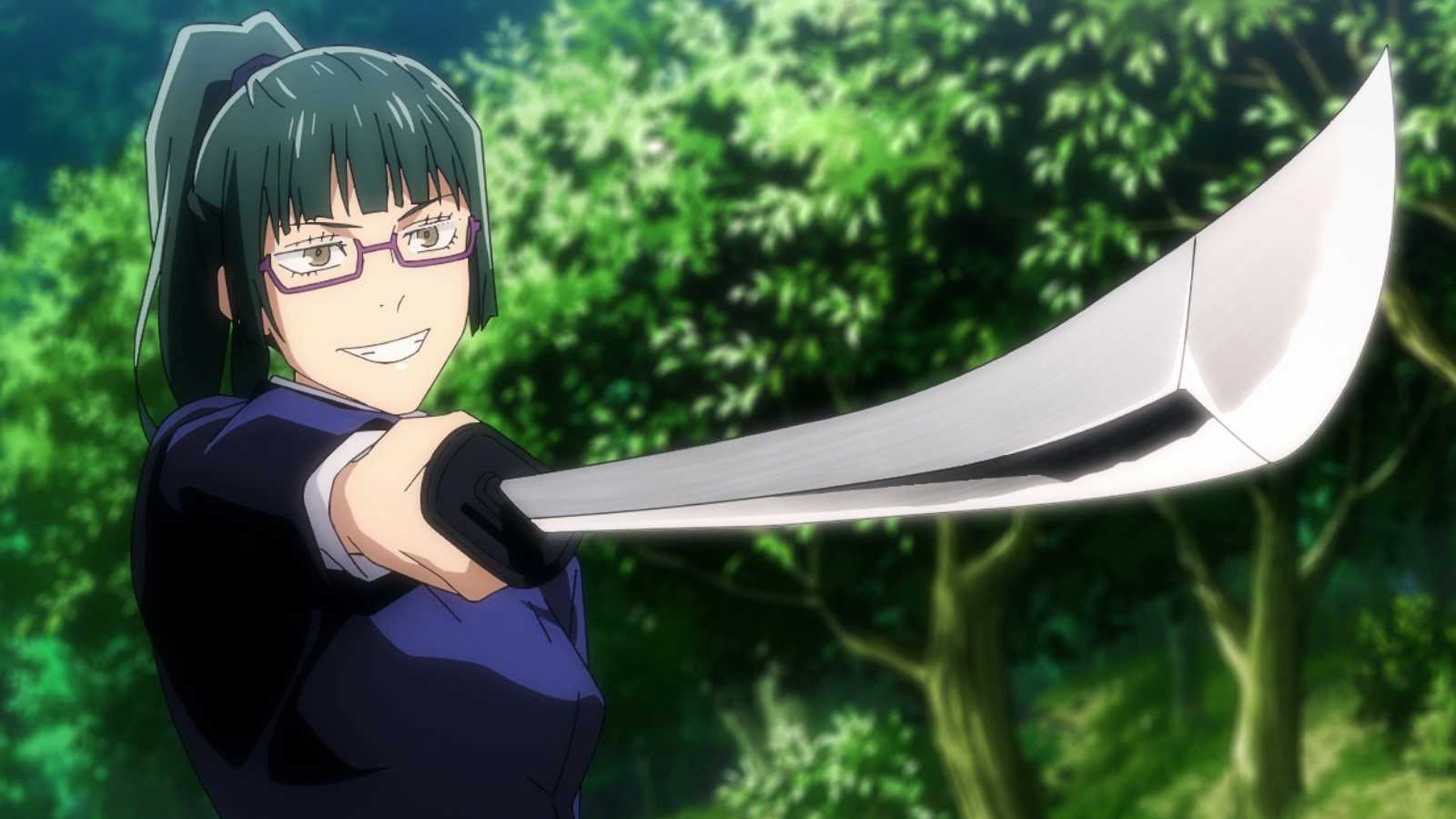 Maki Zen'in holding a sword forward in JJK