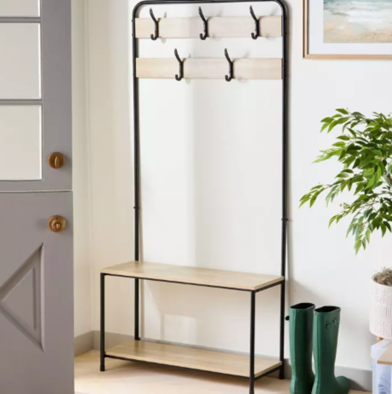 This $35 Hobby Lobby coat rack has built-in storage for mudroom clutter