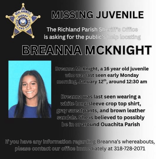 Missing 16-year-old juvenile Breanna McKnight has been located safe