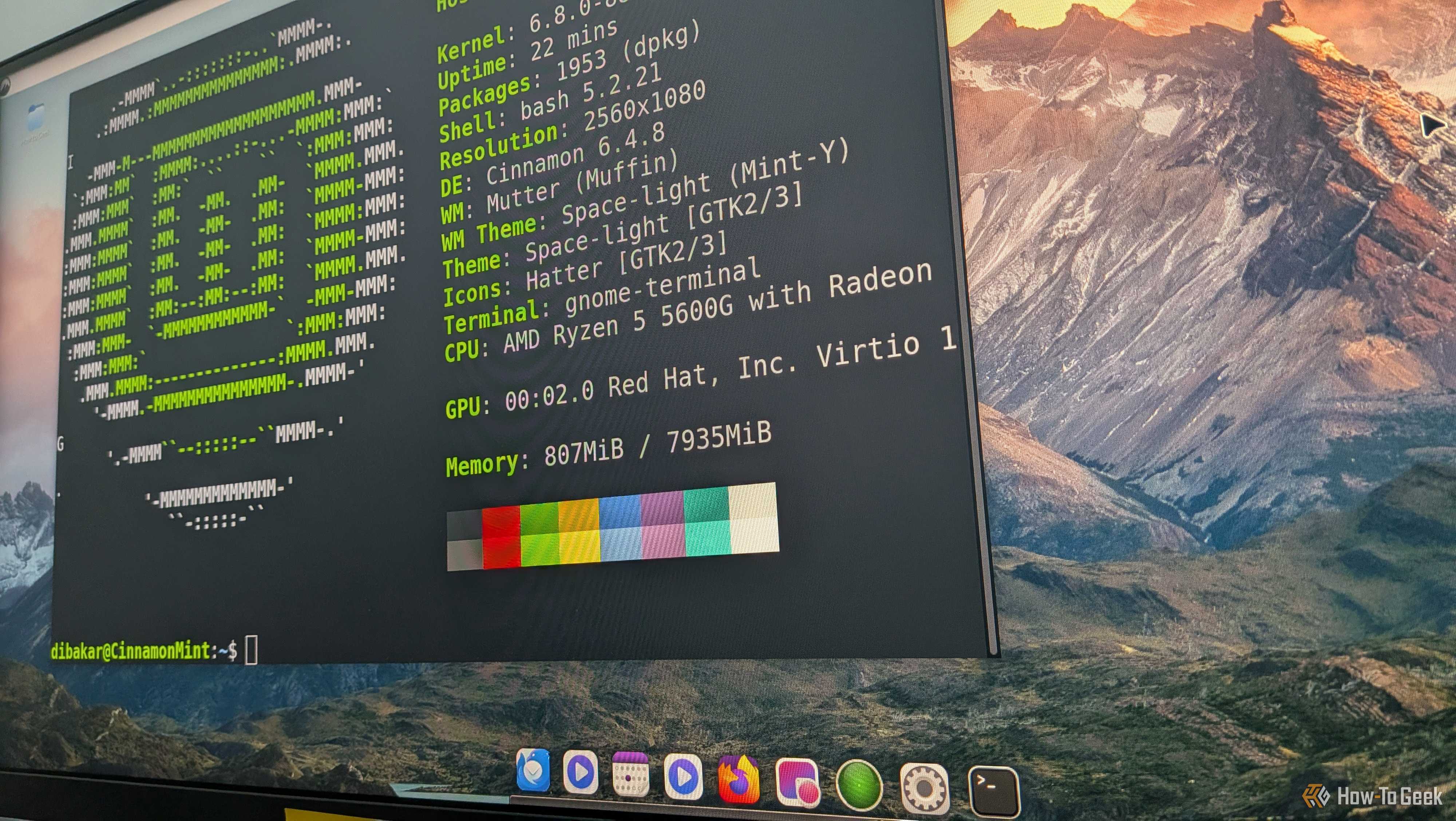 Linux Mint desktop with a customized version of Cinnamon looking like macOS having the Linux terminal active showing neofetch.
